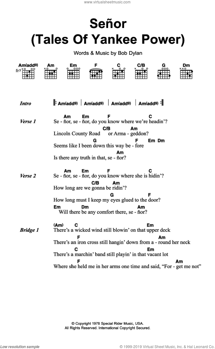 Senor (Tales Of Yankee Power) sheet music for guitar (chords) by Bob Dylan, intermediate skill level