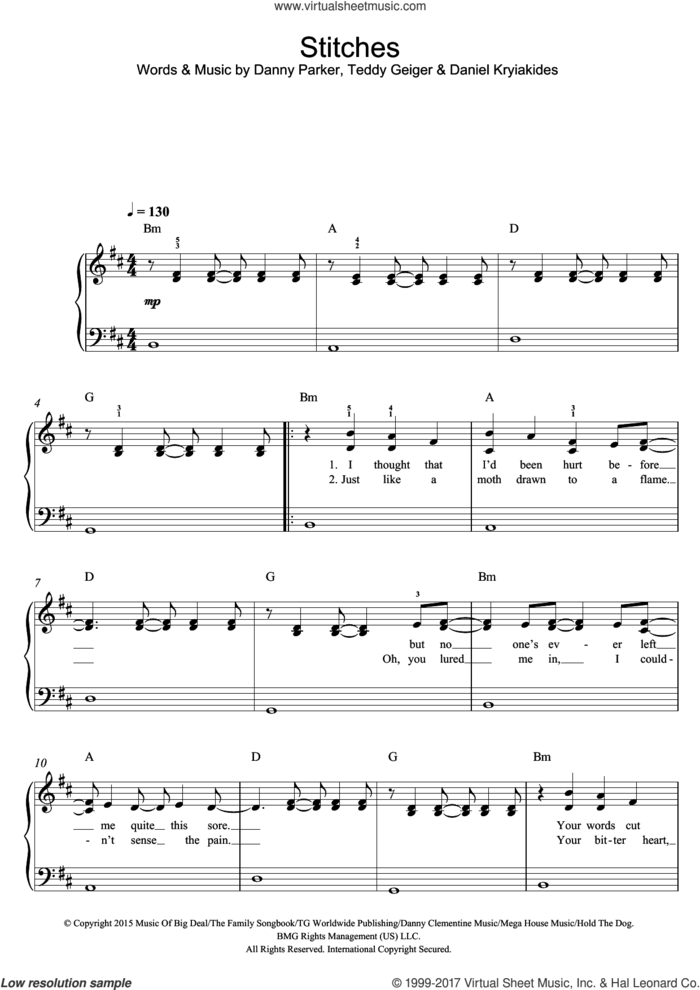 Stitches sheet music for piano solo (beginners) by Shawn Mendes, Daniel Kryiakides, Danny Parker and Teddy Geiger, beginner piano (beginners)