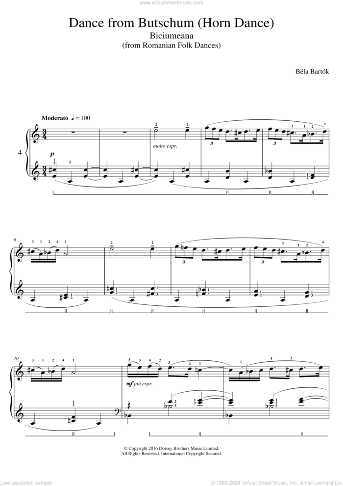 Dance From Butschum (from Romanian Folk Dances) sheet music for piano solo by Bela Bartok and Bela Bartok, classical score, intermediate skill level