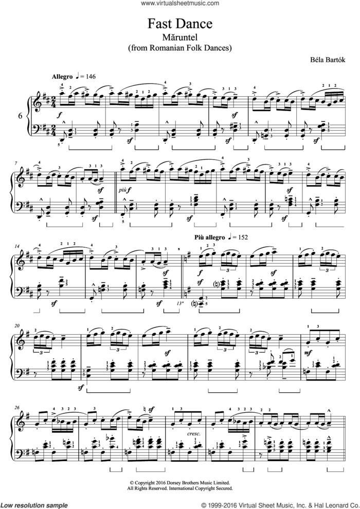 Fast Dance (from Romanian Folk Dances) sheet music for piano solo by Bela Bartok and Bela Bartok, classical score, intermediate skill level
