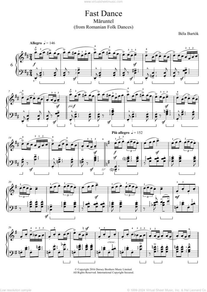 Fast Dance (from Romanian Folk Dances) sheet music for piano solo by Bela Bartok and Bela Bartok, classical score, intermediate skill level