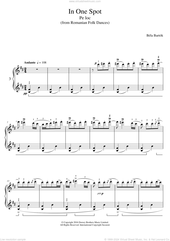 In One Spot (from Romanian Folk Dances) sheet music for piano solo by Bela Bartok and Bela Bartok, classical score, intermediate skill level