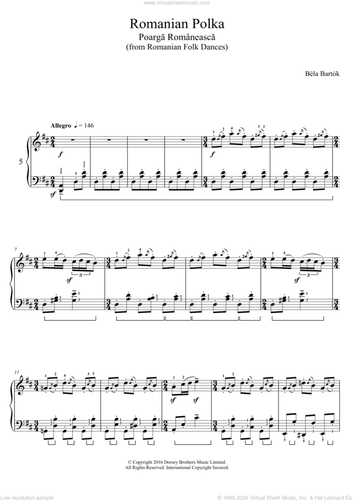 Romanian Polka (from Romanian Folk Dances) sheet music for piano solo by Bela Bartok and Bela Bartok, classical score, intermediate skill level