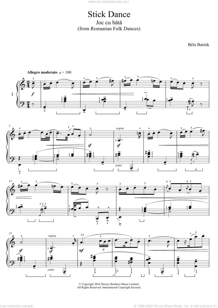 Stick Dance (from Romanian Folk Dances) sheet music for piano solo by Bela Bartok and Bela Bartok, classical score, intermediate skill level