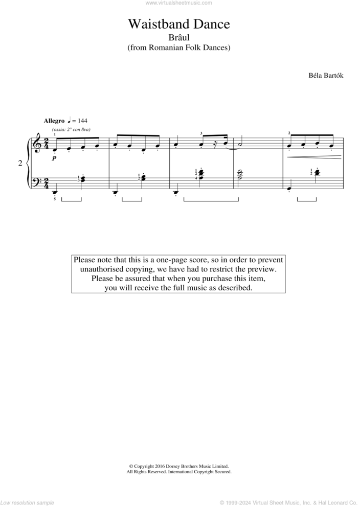 Waistband Dance (from Romanian Folk Dances) sheet music for piano solo by Bela Bartok and Bela Bartok, classical score, intermediate skill level