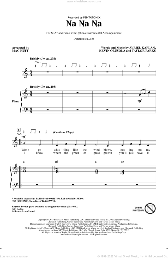 Na Na Na (arr. Mac Huff) sheet music for choir (SSA: soprano, alto) by Mac Huff, Pentatonix, Avriel Kaplan, Kevin Olusola and Taylor Parks, intermediate skill level