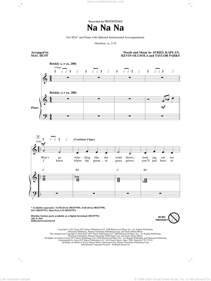 Na Na Na (arr. Mac Huff) sheet music for choir (SSA: soprano, alto) by Mac Huff, Pentatonix, Avriel Kaplan, Kevin Olusola and Taylor Parks, intermediate skill level