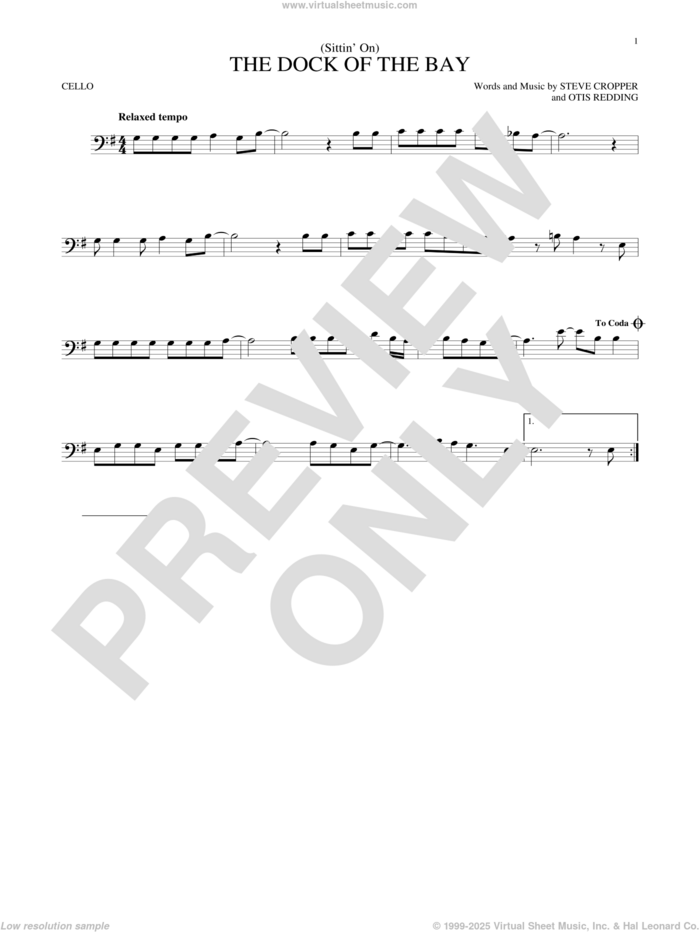 (Sittin' On) The Dock Of The Bay sheet music for cello solo by Otis Redding and Steve Cropper, intermediate skill level