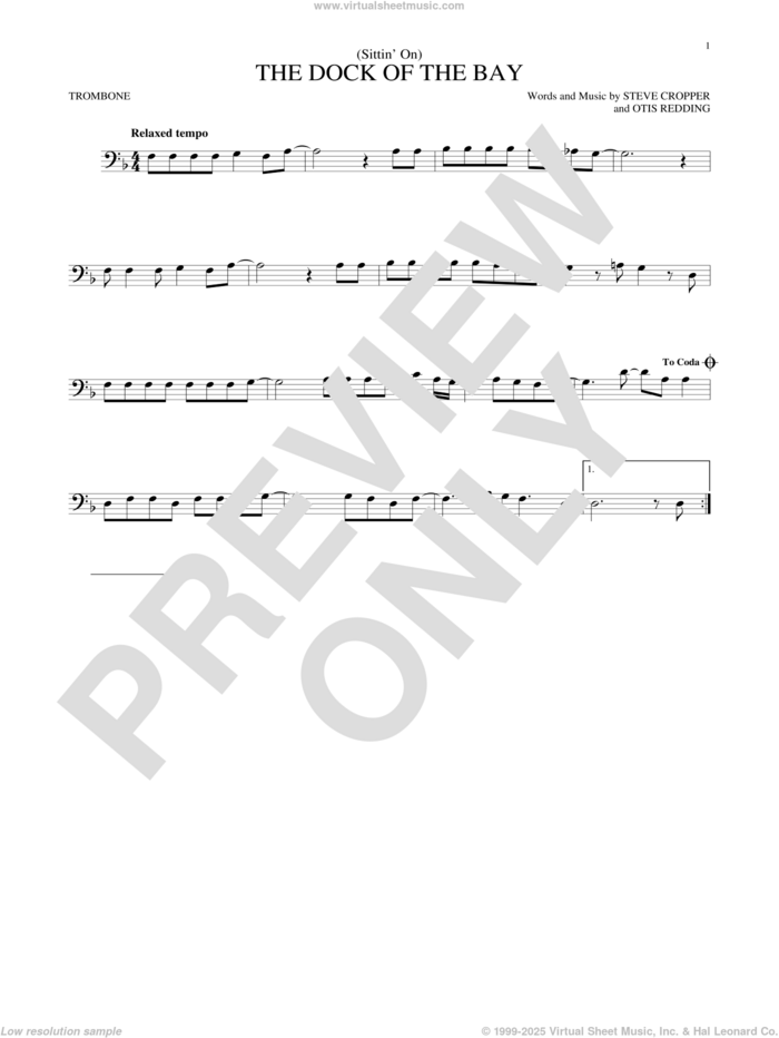 (Sittin' On) The Dock Of The Bay sheet music for trombone solo by Otis Redding and Steve Cropper, intermediate skill level