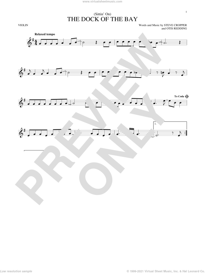 (Sittin' On) The Dock Of The Bay sheet music for violin solo by Otis Redding and Steve Cropper, intermediate skill level