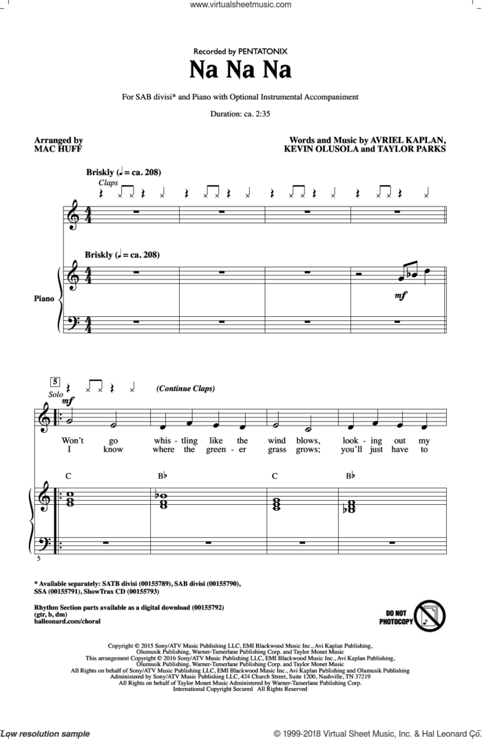 Na Na Na (arr. Mac Huff) sheet music for choir (SAB: soprano, alto, bass) by Mac Huff, Pentatonix, Avriel Kaplan, Kevin Olusola and Taylor Parks, intermediate skill level