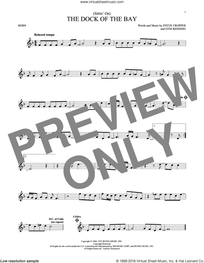 (Sittin' On) The Dock Of The Bay sheet music for horn solo by Otis Redding and Steve Cropper, intermediate skill level