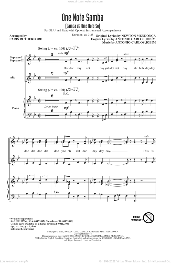 One Note Samba (Samba De Uma Nota So) sheet music for choir (SSA: soprano, alto) by Antonio Carlos Jobim, Paris Rutherford, Newton Mendonca and Pat Thomas, intermediate skill level