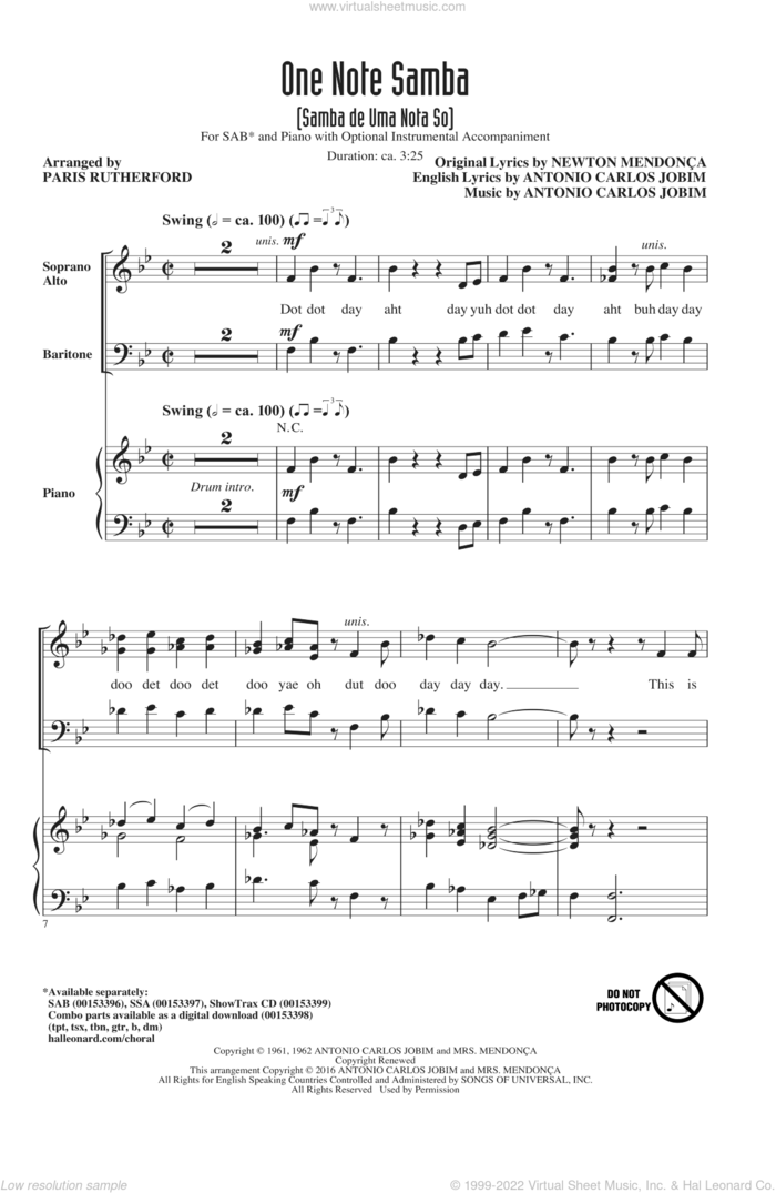 One Note Samba (Samba De Uma Nota So) sheet music for choir (SAB: soprano, alto, bass) by Antonio Carlos Jobim, Paris Rutherford, Newton Mendonca and Pat Thomas, intermediate skill level