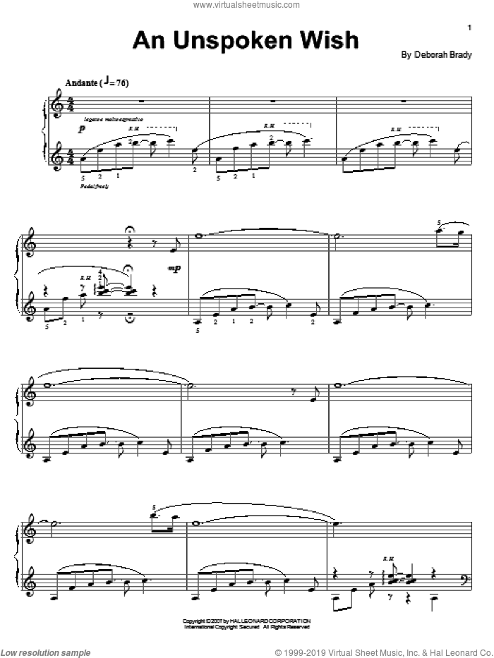 An Unspoken Wish sheet music for piano solo by Deborah Brady and Miscellaneous, intermediate skill level