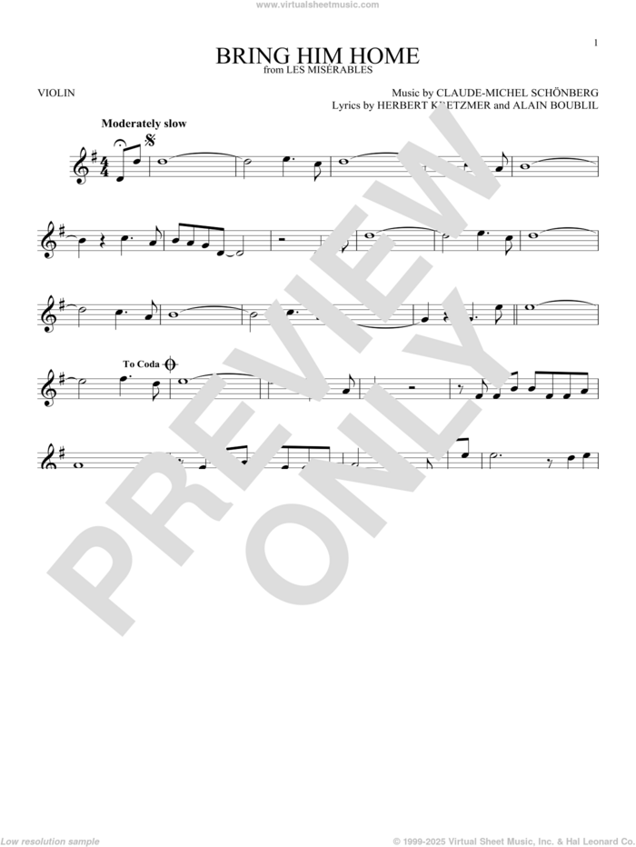 Bring Him Home sheet music for violin solo by Alain Boublil, Claude-Michel Schonberg and Herbert Kretzmer, intermediate skill level