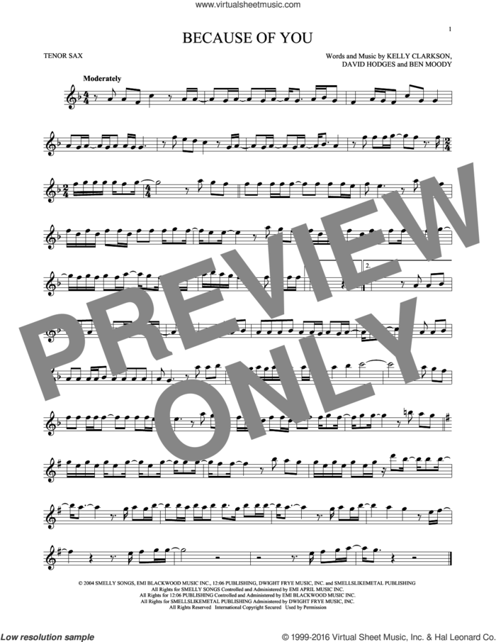 Because Of You sheet music for tenor saxophone solo by Kelly Clarkson, Ben Moody and David Hodges, intermediate skill level