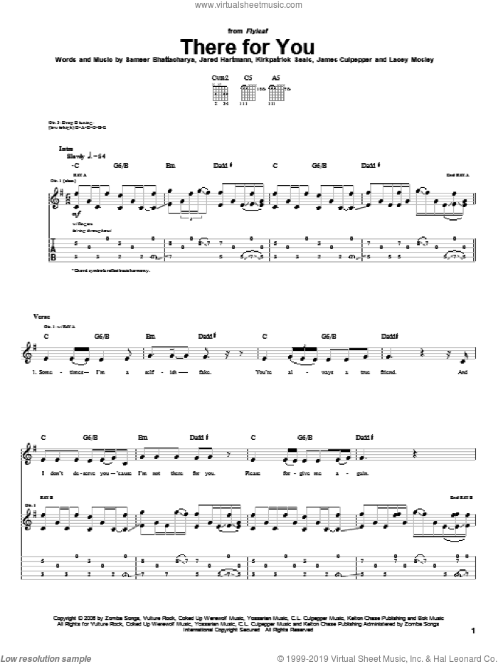 There For You sheet music for guitar (tablature) by Flyleaf, James Culpepper, Jared Hartmann, Kirkpatrick Seals, Lacey Mosley and Sameer Bhattacharya, intermediate skill level