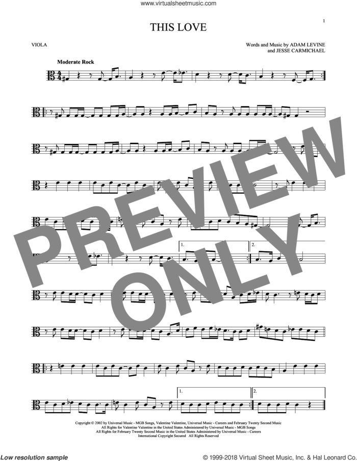 This Love sheet music for viola solo by Maroon 5, Adam Levine and Jesse Carmichael, intermediate skill level
