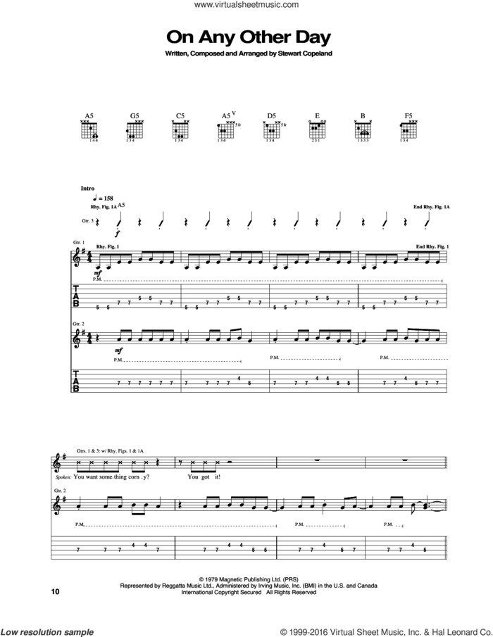 On Any Other Day sheet music for guitar (tablature) by The Police and Stewart Copeland, intermediate skill level