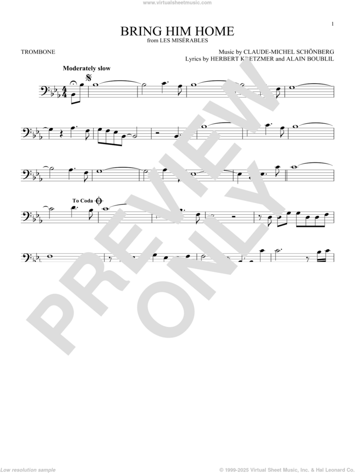 Bring Him Home sheet music for trombone solo by Alain Boublil, Claude-Michel Schonberg and Herbert Kretzmer, intermediate skill level