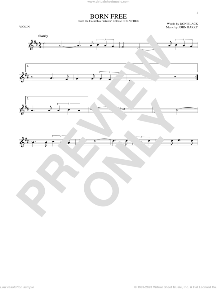 Born Free sheet music for violin solo by Don Black, Roger Williams and John Barry, intermediate skill level