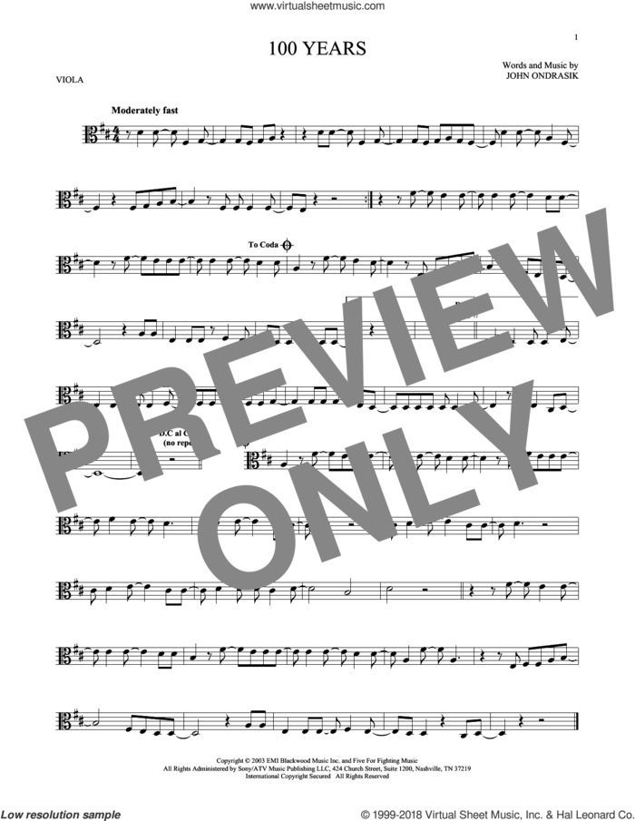 100 Years sheet music for viola solo by Five For Fighting and John Ondrasik, intermediate skill level