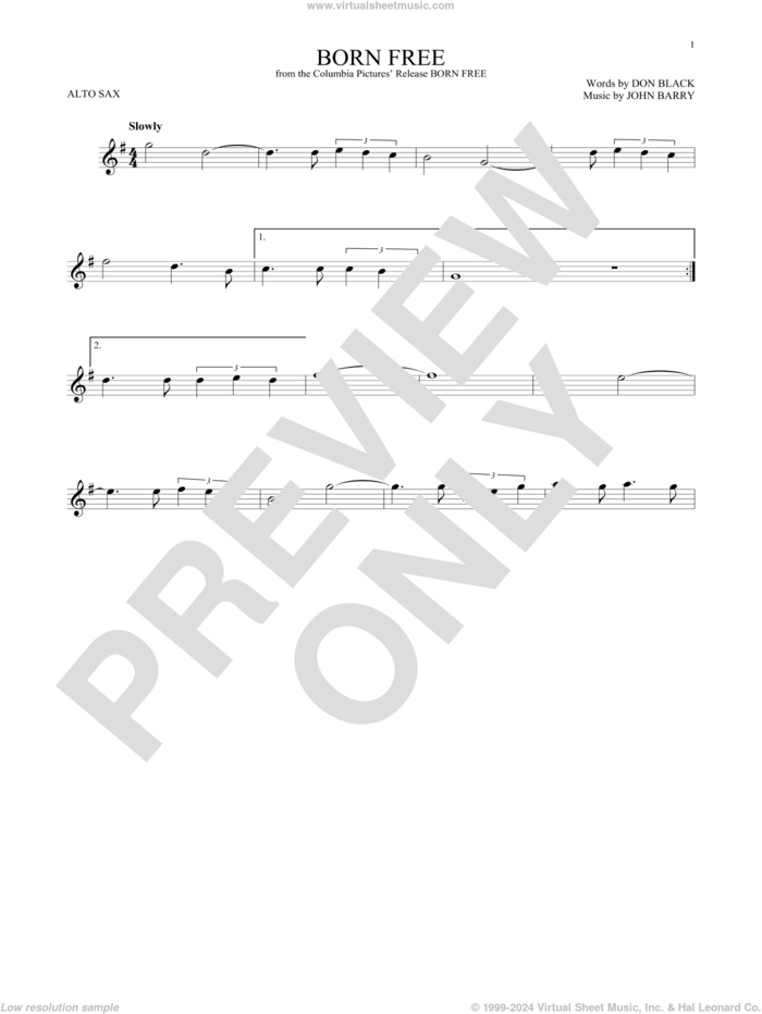 Born Free sheet music for alto saxophone solo by Don Black, Roger Williams and John Barry, intermediate skill level