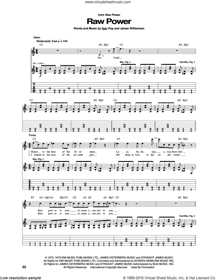 Raw Power sheet music for guitar (tablature) by Iggy & The Stooges, Iggy Pop and James Williamson, intermediate skill level