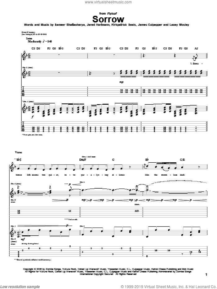 Sorrow sheet music for guitar (tablature) by Flyleaf, James Culpepper, Jared Hartmann, Kirkpatrick Seals, Lacey Mosley and Sameer Bhattacharya, intermediate skill level