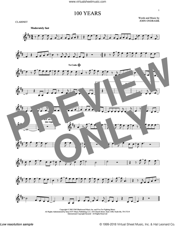 100 Years sheet music for clarinet solo by Five For Fighting and John Ondrasik, intermediate skill level