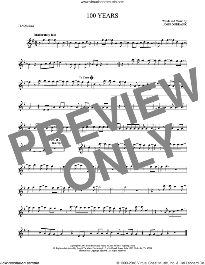100 Years sheet music for tenor saxophone solo by Five For Fighting and John Ondrasik, intermediate skill level
