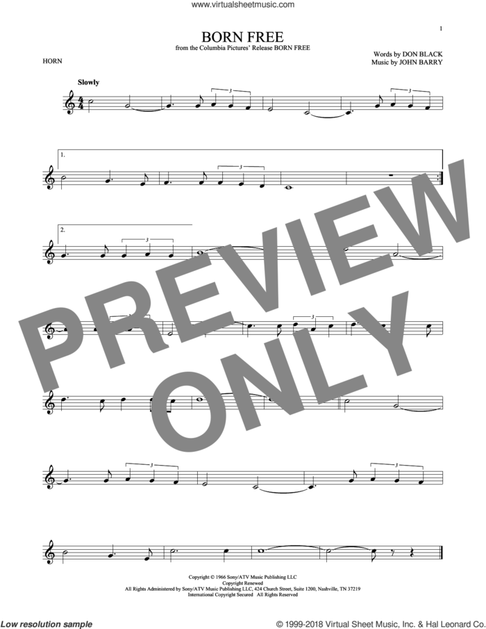 Born Free sheet music for horn solo by Don Black, Roger Williams and John Barry, intermediate skill level