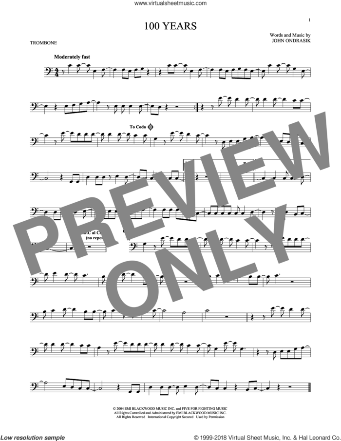 100 Years sheet music for trombone solo by Five For Fighting and John Ondrasik, intermediate skill level