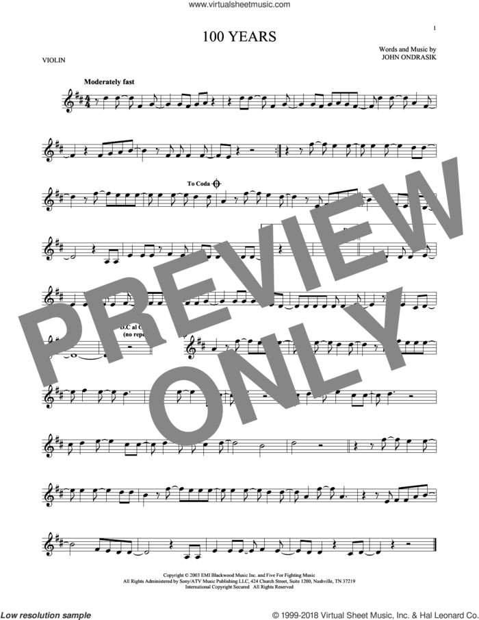 100 Years sheet music for violin solo by Five For Fighting and John Ondrasik, intermediate skill level