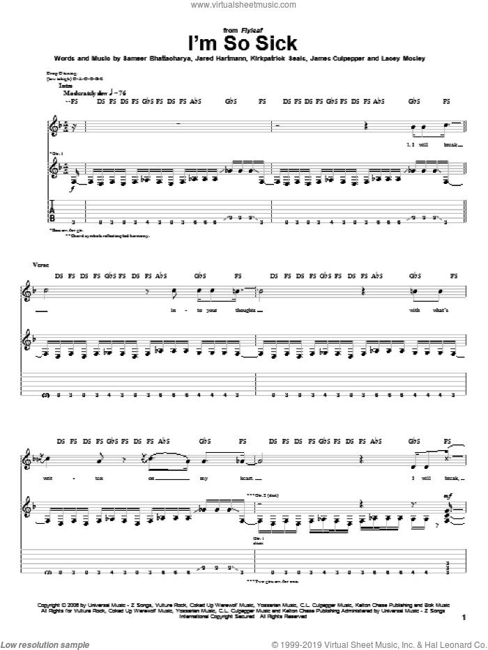 I'm So Sick sheet music for guitar (tablature) by Flyleaf, James Culpepper, Jared Hartmann, Kirkpatrick Seals, Lacey Mosley and Sameer Bhattacharya, intermediate skill level