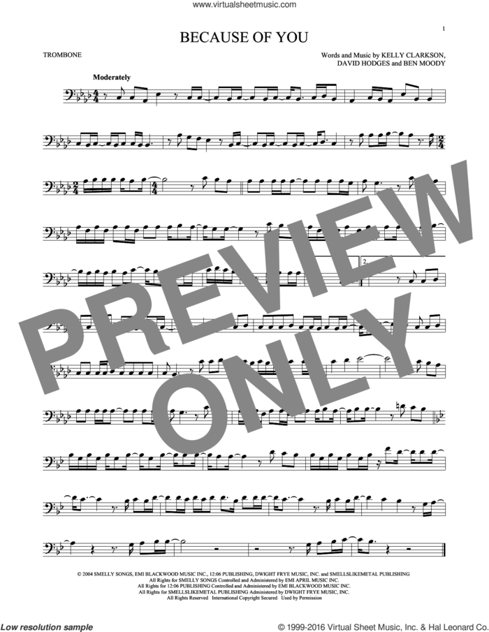 Because Of You sheet music for trombone solo by Kelly Clarkson, Ben Moody and David Hodges, intermediate skill level