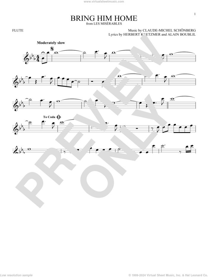 Bring Him Home sheet music for flute solo by Alain Boublil, Claude-Michel Schonberg and Herbert Kretzmer, intermediate skill level