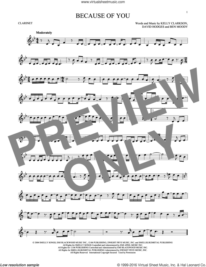 Because Of You sheet music for clarinet solo by Kelly Clarkson, Ben Moody and David Hodges, intermediate skill level