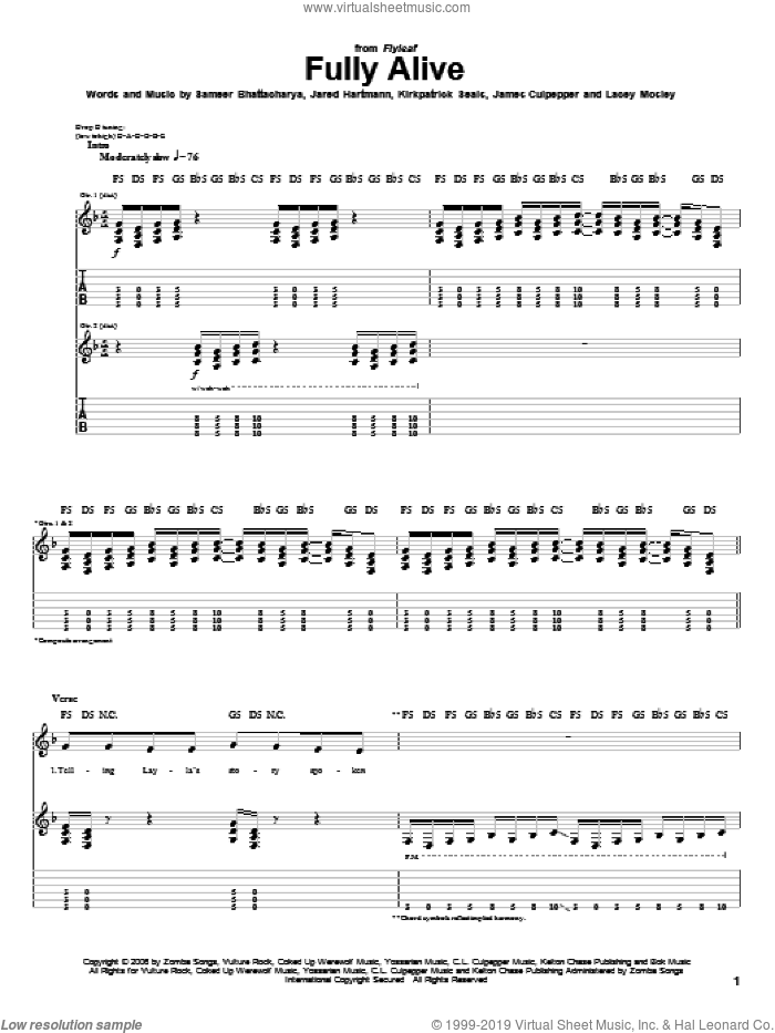 Fully Alive sheet music for guitar (tablature) by Flyleaf, James Culpepper, Jared Hartmann, Kirkpatrick Seals, Lacey Mosley and Sameer Bhattacharya, intermediate skill level