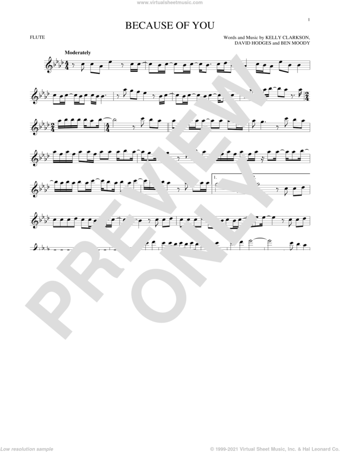 Because Of You sheet music for flute solo by Kelly Clarkson, Ben Moody and David Hodges, intermediate skill level