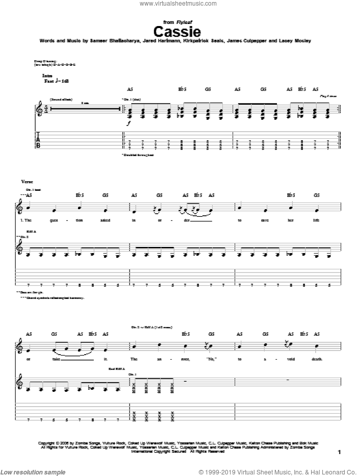 Cassie sheet music for guitar (tablature) by Flyleaf, James Culpepper, Jared Hartmann, Kirkpatrick Seals, Lacey Mosley and Sameer Bhattacharya, intermediate skill level