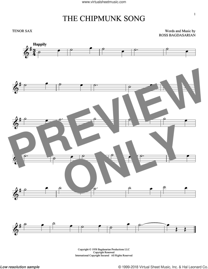 The Chipmunk Song sheet music for tenor saxophone solo by Ross Bagdasarian, Alvin And The Chipmunks and The Chipmunks, intermediate skill level