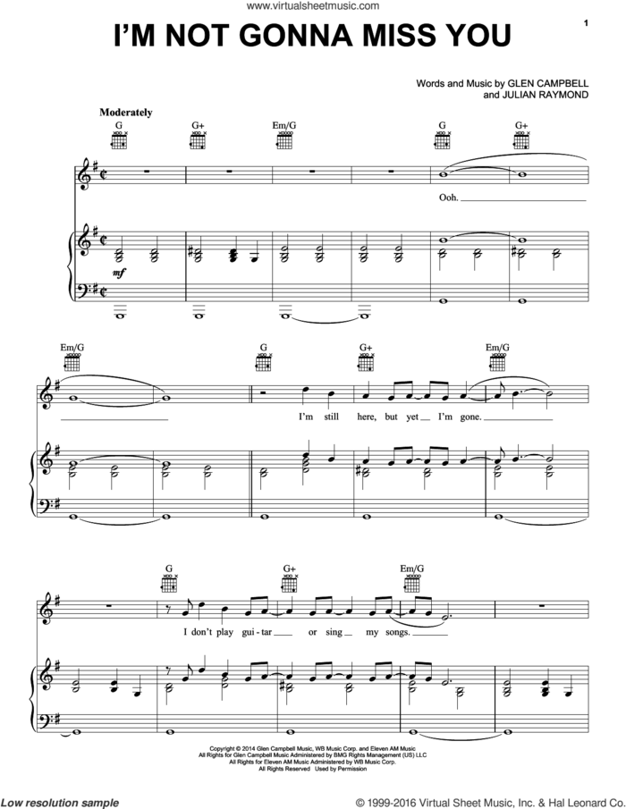 I'm Not Gonna Miss You sheet music for voice, piano or guitar by Glen Campbell and Julian Raymond, intermediate skill level