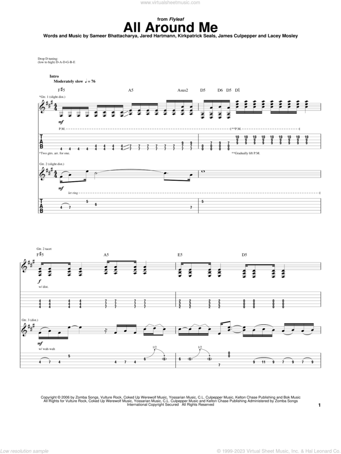 All Around Me sheet music for guitar (tablature) by Flyleaf, James Culpepper, Jared Hartmann, Kirkpatrick Seals, Lacey Mosley and Sameer Bhattacharya, intermediate skill level