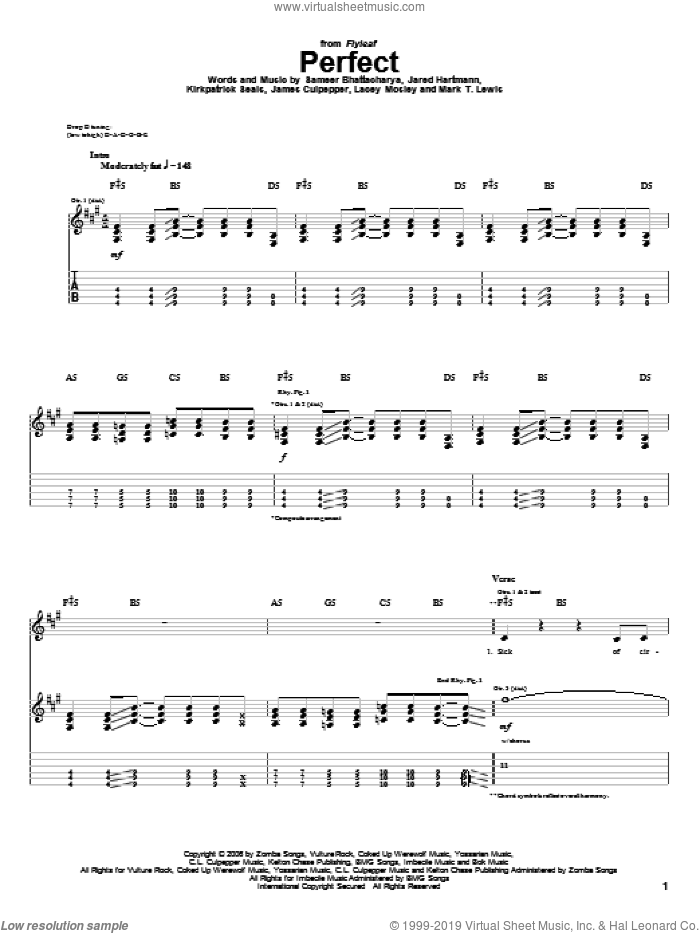 Perfect sheet music for guitar (tablature) by Flyleaf, James Culpepper, Jared Hartmann, Kirkpatrick Seals, Lacey Mosley, Mark T. Lewis and Sameer Bhattacharya, intermediate skill level