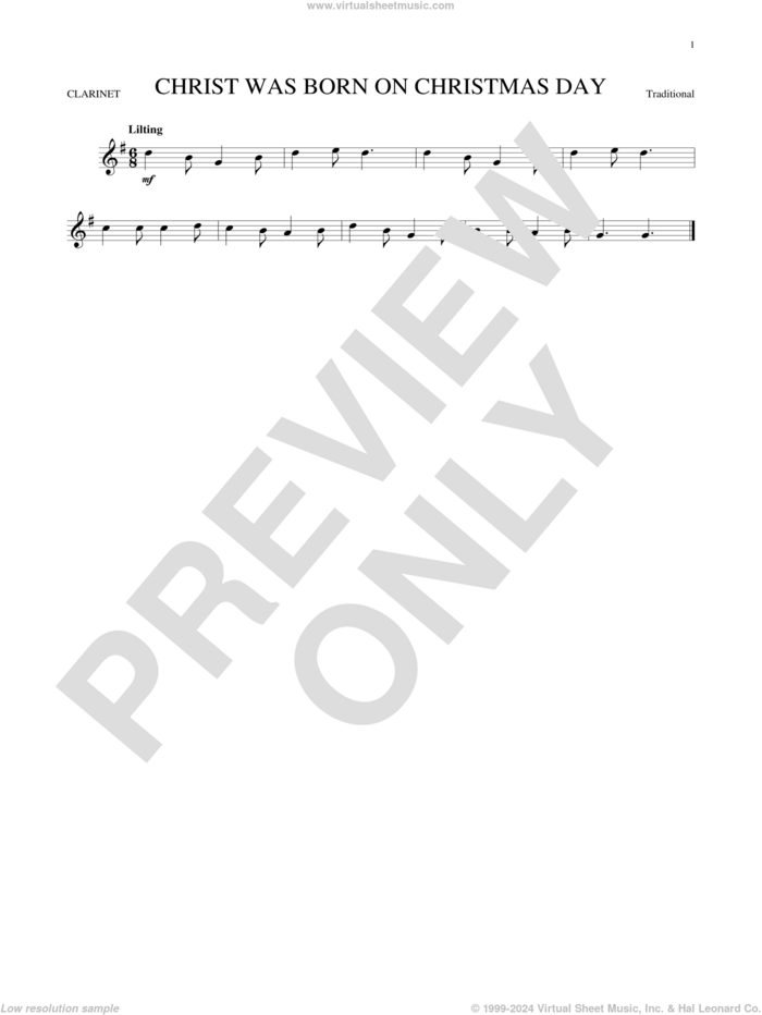 Christ Was Born On Christmas Day sheet music for clarinet solo, intermediate skill level