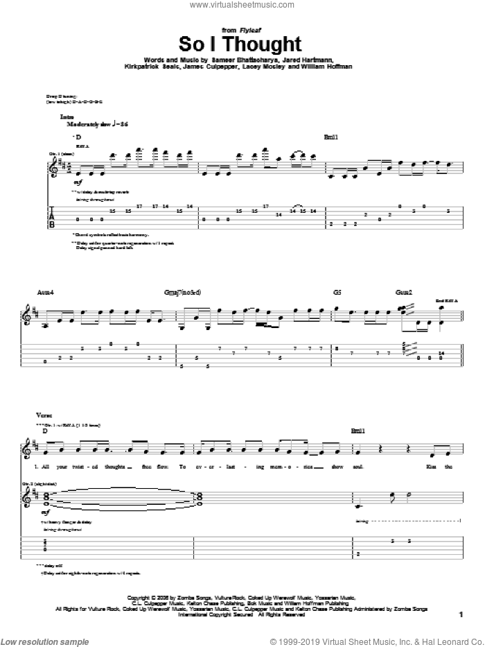 So I Thought sheet music for guitar (tablature) by Flyleaf, James Culpepper, Jared Hartmann, Kirkpatrick Seals, Lacey Mosley, Sameer Bhattacharya and William Hoffman, intermediate skill level