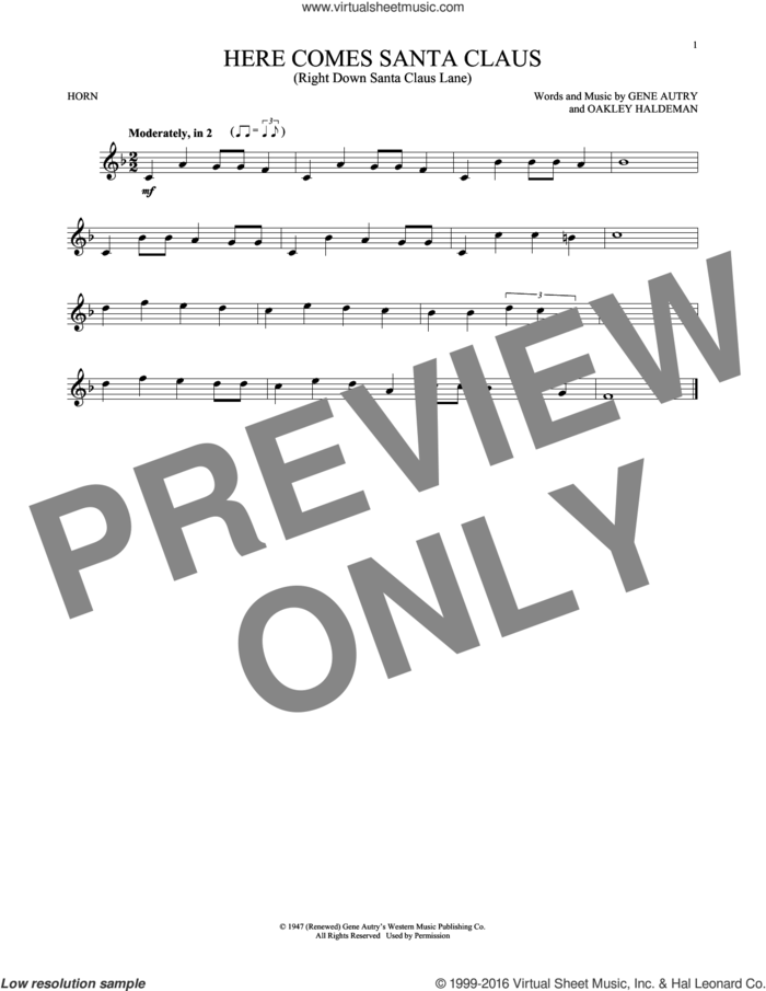 Here Comes Santa Claus (Right Down Santa Claus Lane) sheet music for horn solo by Gene Autry, Carpenters and Oakley Haldeman, intermediate skill level