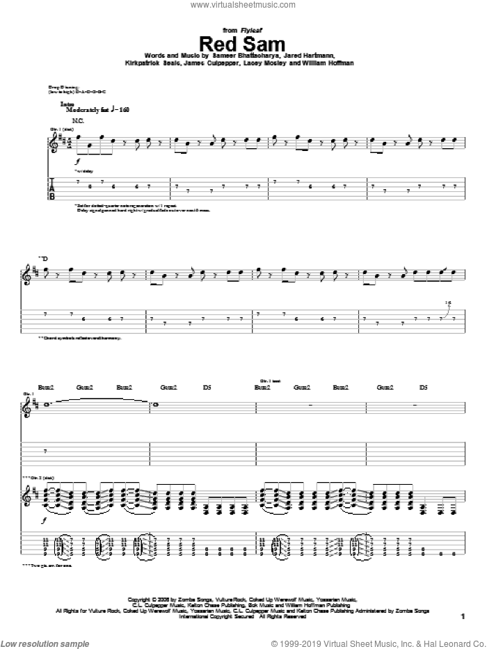 Red Sam sheet music for guitar (tablature) by Flyleaf, James Culpepper, Jared Hartmann, Kirkpatrick Seals, Lacey Mosley, Sameer Bhattacharya and William Hoffman, intermediate skill level